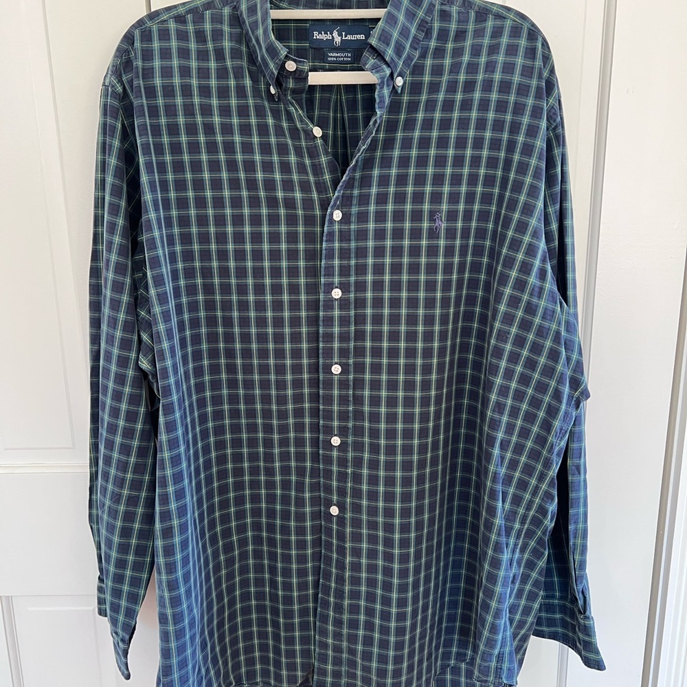 Ralph Lauren Men's Navy and Green Checkered Shirt